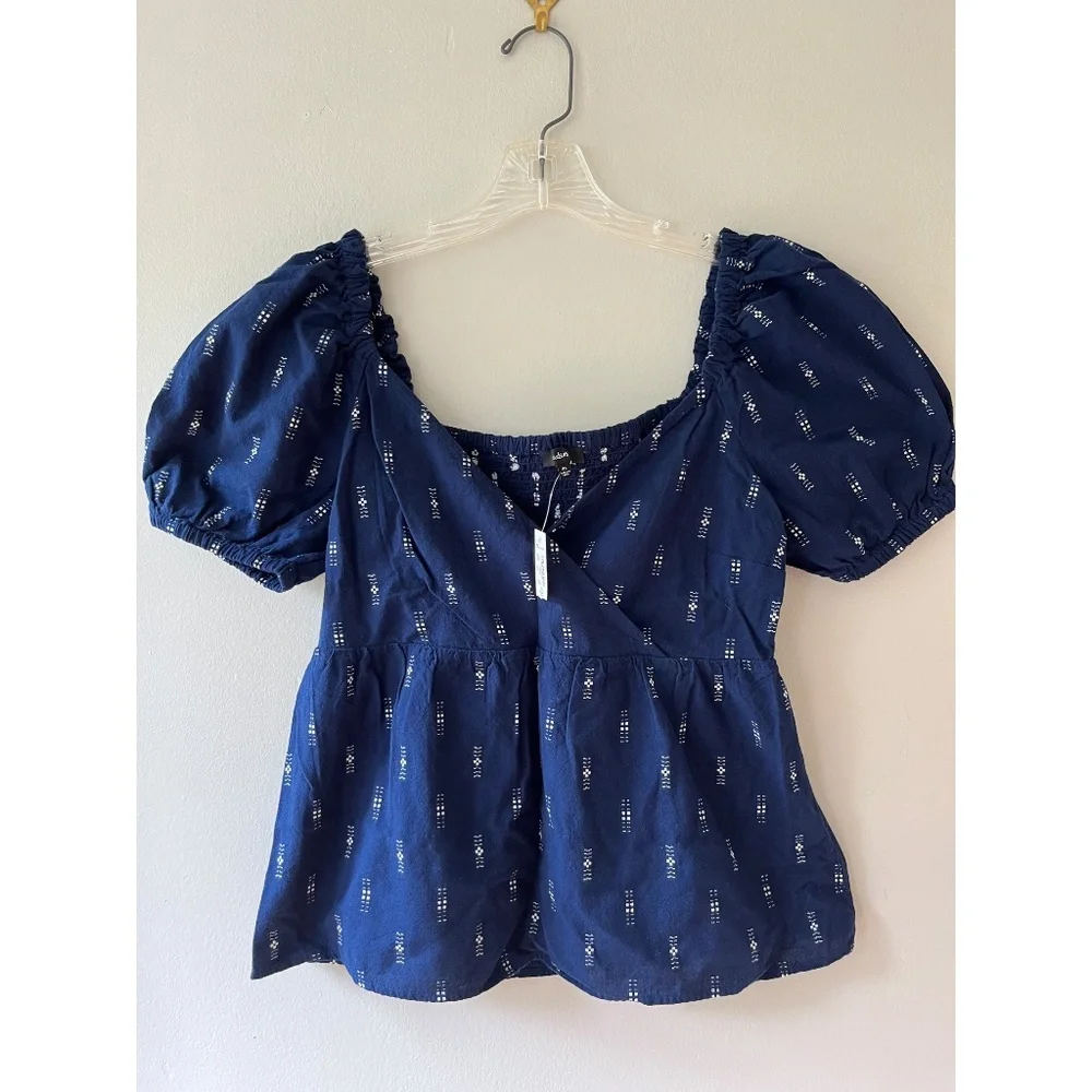 Madewell Sz M Jacquard Navy Puff Short Sleeve Cropped Top Blouse V Neck Pullover